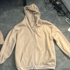 Cream Lightweight Zip-Up Jacket with Hood and Ribbed Cuffs